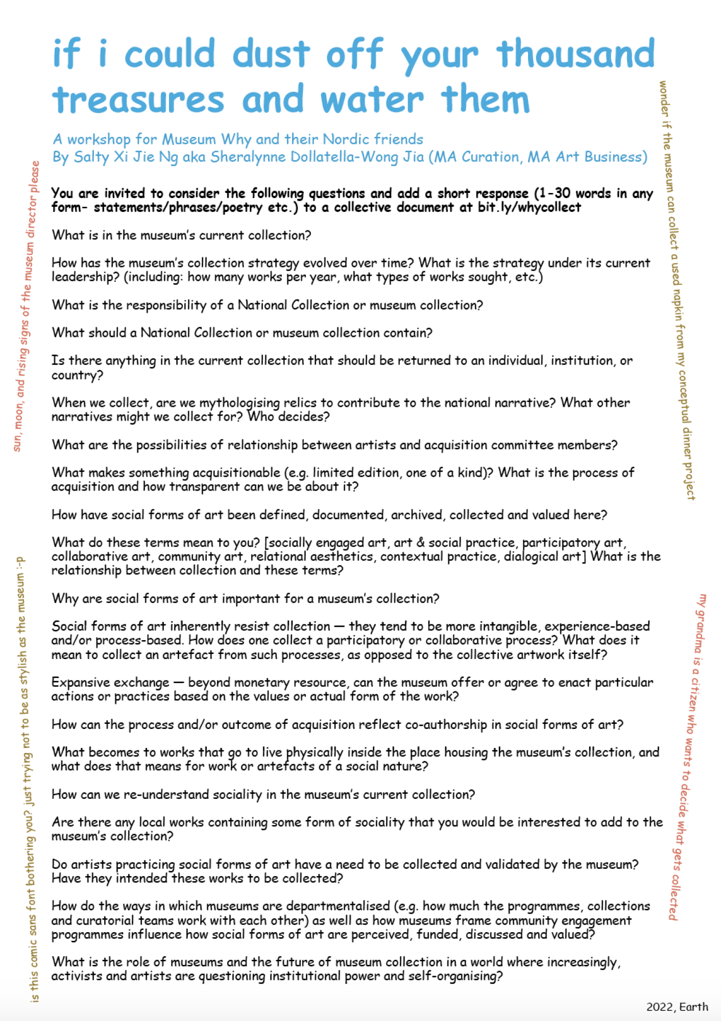 2. Handout for workshop with questions for museum directors, curators, and artists regarding acquisition of social forms of art