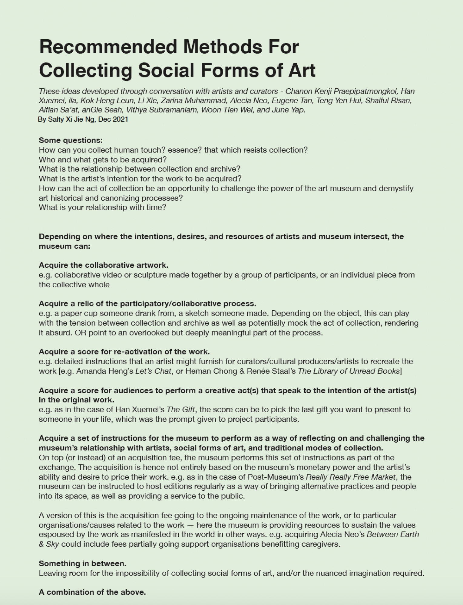 3. Recommended Methods for Collecting Social Forms of Art. Developed through conversations with museum directors, curators and artists while on residence at Singapore Art Museum, 2021
